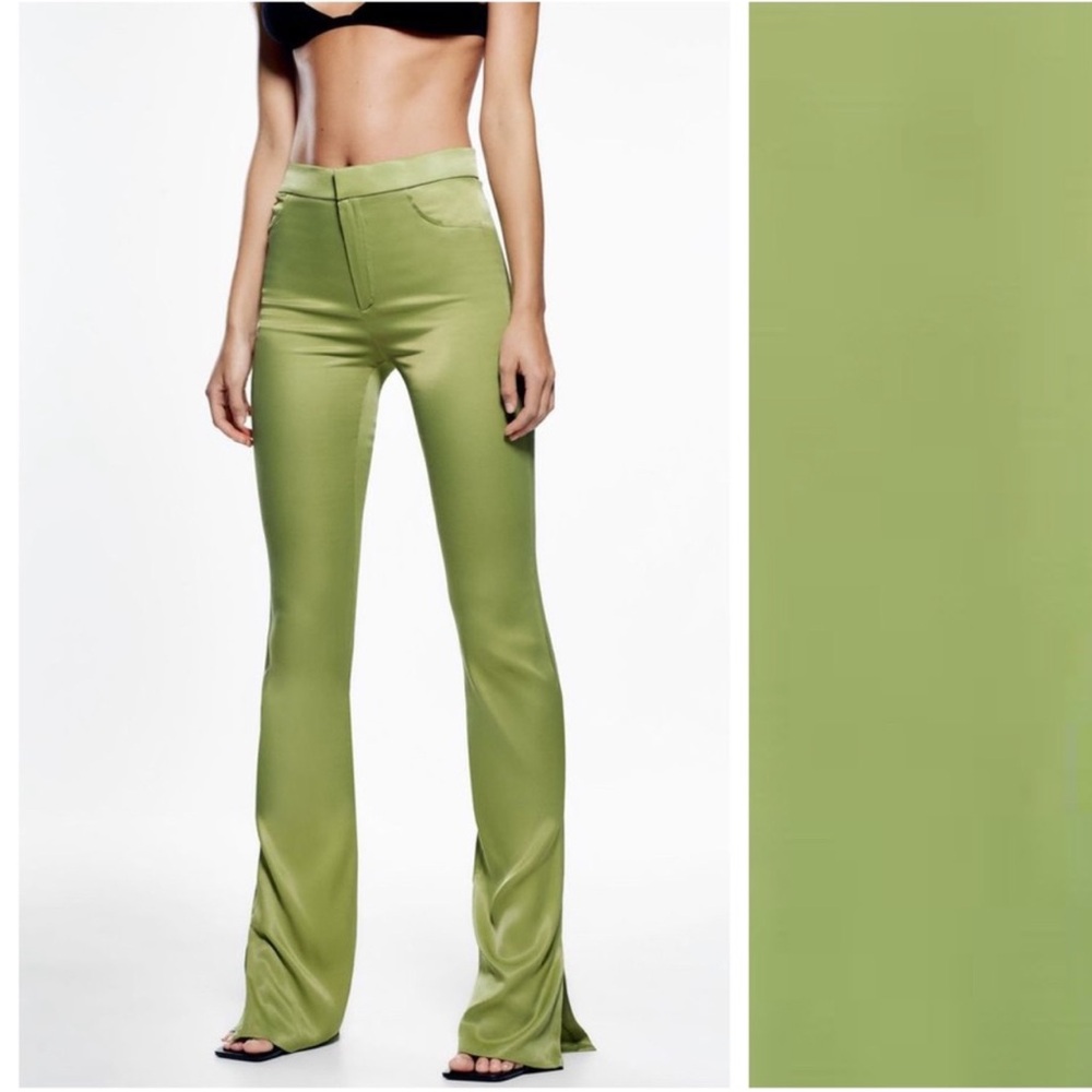 NWT. Zara Olive Green Satin Effect High Waisted Trousers with Flared Legs Size S